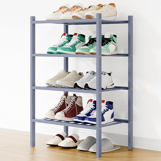 Smiry Bamboo Shoe Rack, 12 Vertical Slats, 4 Tier - 17.3" Wide, Grey | Stackable Free Standing Wooden Shoe Organizer, Wood Shoe Storage Shelf for Closet, Entryway