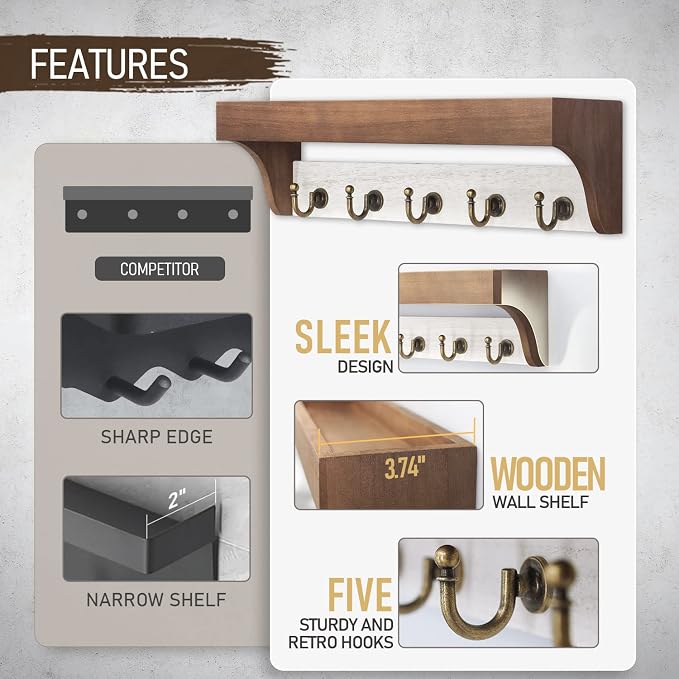 Rebee Vision Key Holder Wall Mount with Shelf for Entryway, Brown & White | 5 Retro Hooks, Two-Tone Rustic Decor, Primitive Wood Mail Organizer, Key Holder for Wall, Decorative Home Accent