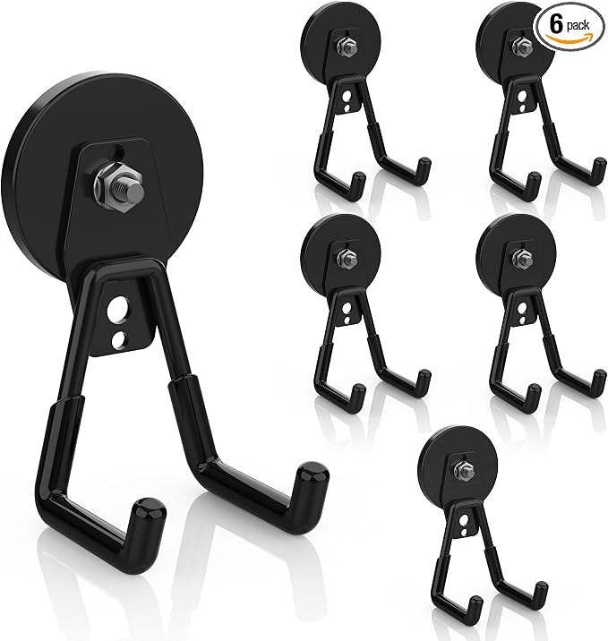 Magnetic Utility Hooks Heavy Duty, 6 Pack 2.6in Large Strong Magnet Utility Hooks, Magnetic Garage Hangers/Holder With Rubber Coating For Power Drill, Tool Storage, Indoor & Outdoor Hanging(Black)