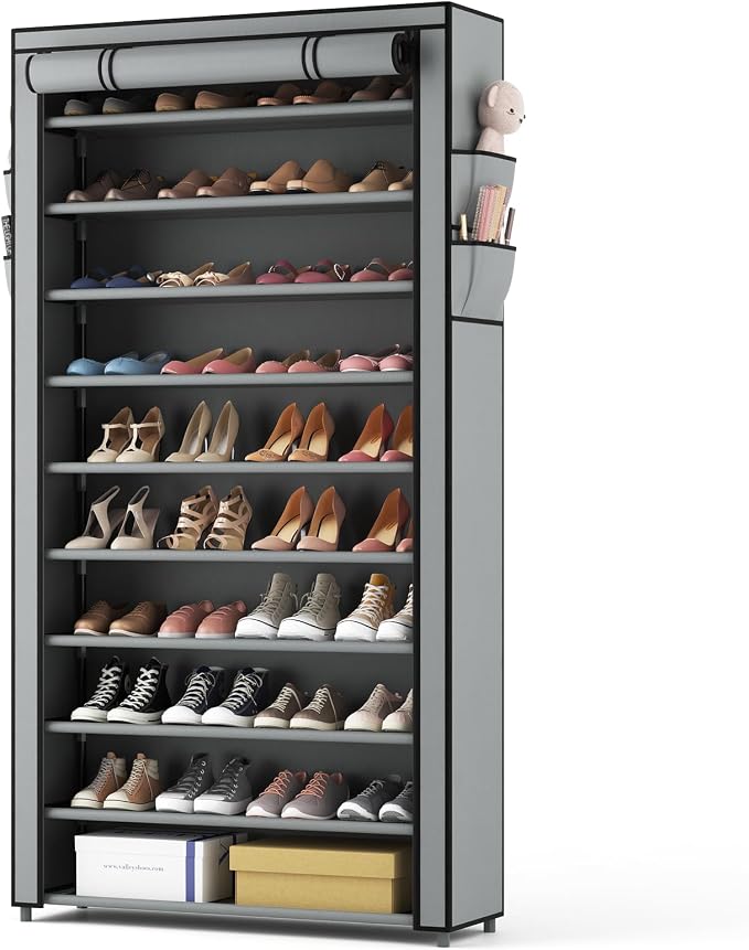 ROJASOP Shoe Rack with Covers, Stackable 10 Tier Tall Shoe Shelf Storage 50-55 Pairs Shoes and Boots Large Capacity Vertical Shoe Rack Organizer for Closet Entryway Garage Bedroom, Grey