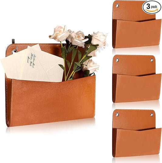 3 Pcs PU Leather Mail Holder Wall Mount 9.8x7.7 Inch Brown Letter Holder Vintage Hanging Mail Organizer 2 Ring Bill Organizer for Wall Decor Storage Letter Postcards Bill Flowers Office Home