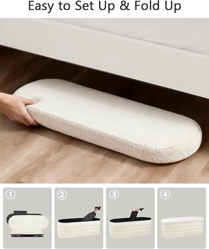 GLAXYFUR Storage Ottoman Bench, 43" Entryway Shoe Seat, Sherpa White | Upholstered Oval Ottoman with Storage, End of Bed Stool Blanket Chest, For Living Room, Hallway