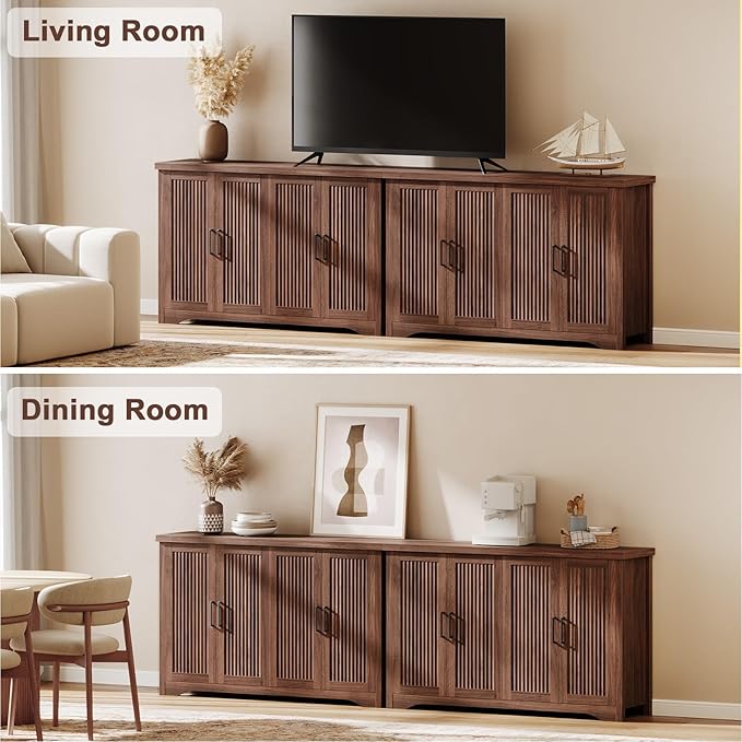 55" Fluted Sideboard Buffet Cabinet with Storage,Walnut | Modern Credenza with 4 Doors & Adjustable Shelves,Coffee Bar Table Console for Dining Room Kitchen Living Room Entryway
