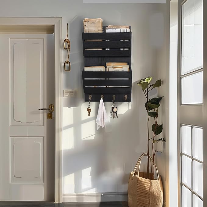 Mail Organizer Wall Mount with 4 Key Hooks, Rustic Wooden Hanging Mail Sorter Farmhouse Key Holder for Wall Decoration, 2-Slot Wall File and Magazines Bill Letter Holder