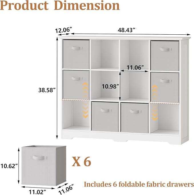 12 Cube Storage Organizer Shelf, Wood Cubby Storage with 6 Fabric Drawers | 3 Tier Wooden Bookshelf with 2 Adjustable Shelves, Fluted Side Panels Bookcase for Records, Books, Ornaments