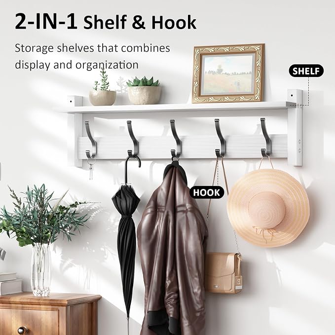 Optish Coat Rack Wall Mount with Shelf, 24 Inch Coat Hanger Walls Mounted, Hat Rack for Walls, Shelf with 5 Coat Hooks, Wall Hanger for Entryway (White)