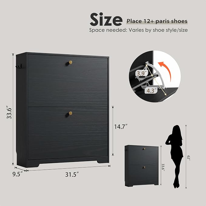 Nicetree Shoe Cabinet with 2 Flip Drawers, Entryway Shoes Organizer, Black | Narrow Shoe Organizer, Freestanding Shoe Rack Cabinet, Modern Shoe Storage Cabinet for Entryway, Hallway, Foyer, With Hook