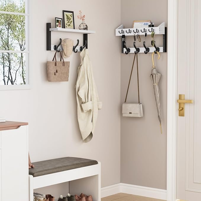 Evermagin 35" Coat Rack Wall Mount with Shelf for Entryway, White | Wall Mounted Coat and Key Rack with Hooks, Key Holder with Mail Organizer for Wall, Living Room, Mudroom, Bedroom