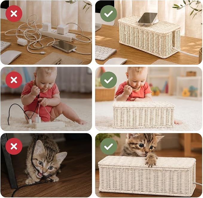 Cable Management Box, Handmade Rattan Cable Organizer with 2 Open Slots, Cord Hider for Power Strip, Router & USB Hub, Registered U.S. Design Patent (D1,112,102), 13" x 5.1" x 5.1", White