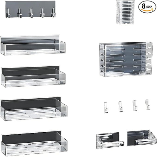 Magnetic Spice Rack for Refrigerator,8 Pack Magnetic Shelf,Fridge Magnet Organizer with Paper Towel Holder,Utensils Racks,Hook Rack,Deepened Basket,Fridge Organizers and Storage Clear(8 Pack)