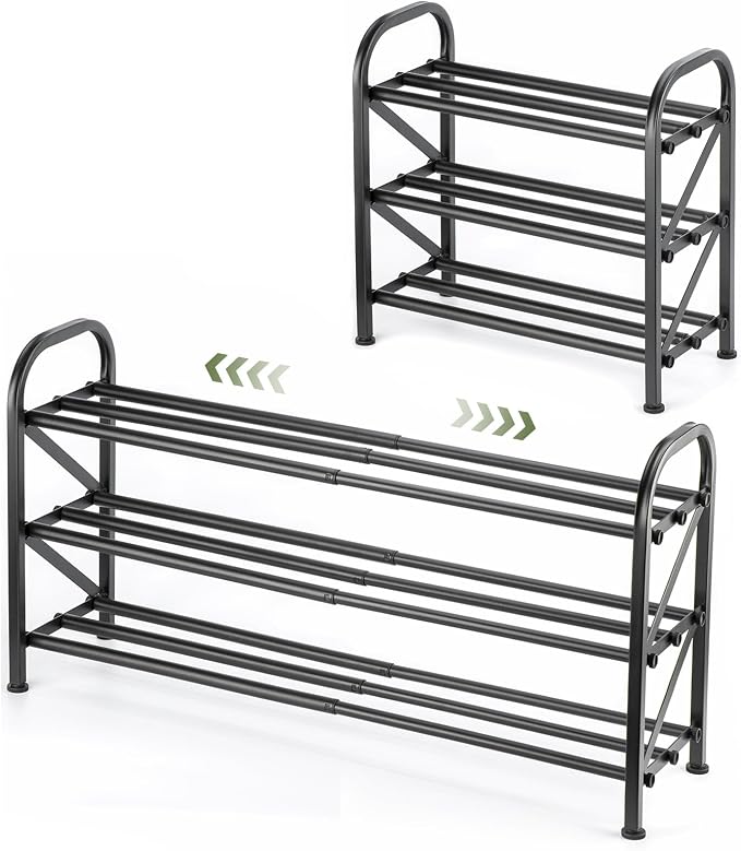 3 Tier Expandable Shoe Rack for Closet, Adjustable Small Shoe Organizer Storage, Heavy Metal Free Standing Narrow Shoe Racks for Entryway, Garage, Doorway Black 16"-33"