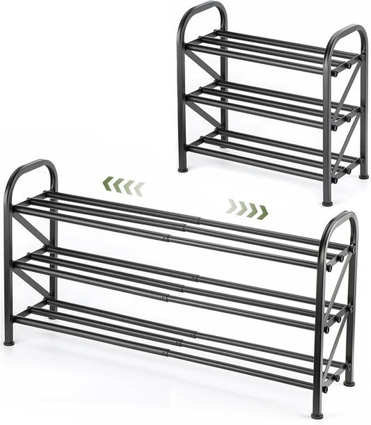 3 Tier Expandable Shoe Rack for Closet, Adjustable Small Shoe Organizer Storage, Heavy Metal Free Standing Narrow Shoe Racks for Entryway, Garage, Doorway Black 16"-33"
