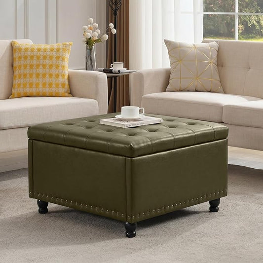Tbfit Large Square Storage Ottoman Bench, Button Tufted Upholstered Coffee Table Ottoman with Wooden Legs, Oversized Storage Ottomans Toy Box Footrest for Living Room, Green PU