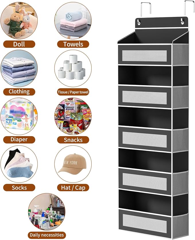 AQOOA 5-Tier Over The Door Organizer 44 lbs Capacity fit Standard Doors | Over the Door Storage 5 Large10 Side Pockets Behind Door Storage, Hanging Shelf for Closet Bathroom Bedroom Nursery, Black