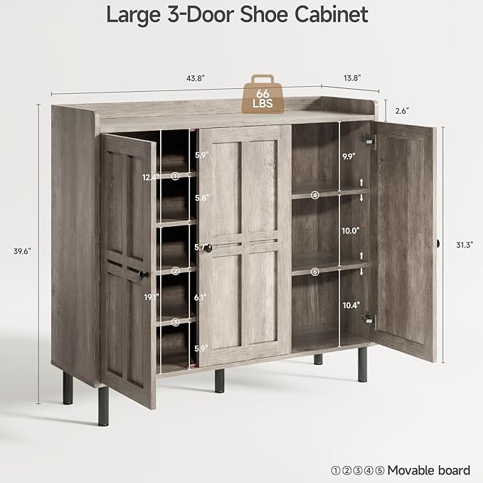 Shoe Storage Cabinet with 3 Doors, 8-Tier Shoe Cabinet with 5 Adjustable Shelves and Metal Legs, 40'' Tall Shoe Rack Organizer Cabinet for Entryway, Front Door, Gray Wash