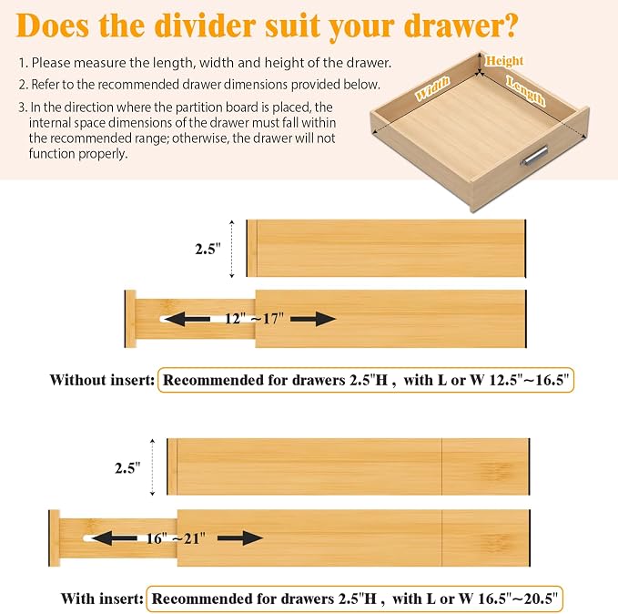 Bamboo Drawer Dividers, 12-21 Inch Kitchen Adjustable Drawer Organizers | Expandable Dresser Separators for Clothes, Ideal for Kitchen, Bathroom, Vanity, Office Organization and Storage, 4-Pack