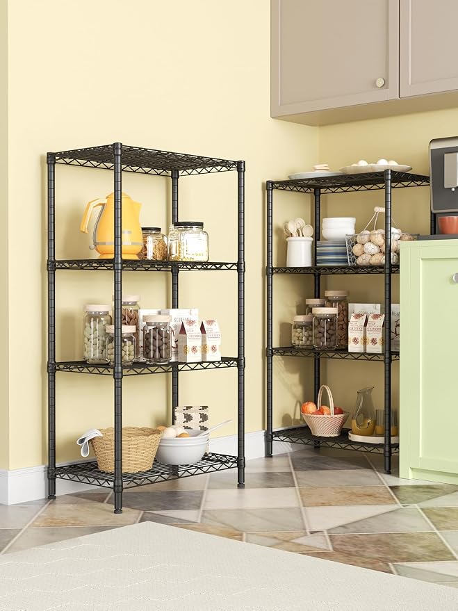 SINGAYE 4 Metal Shelves Wire Shelving Storage Shelf Adjustable Unit Pantry | 4 Tier Kitchen Laundry Room Organization Home Pantry Closet Bathroom Organizers Garage Rack 14" D x 24" W x 48" H Black