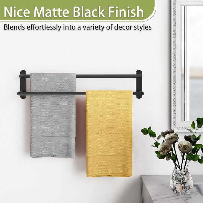 Towel Racks for Bathroom, Double Towel Bar 24Inch, Stainless Steel Bathroom Towel Holder, Double Towel Rod Wall Mounted Towel Hanger, Bathroom Towel Rack(Matte Black)