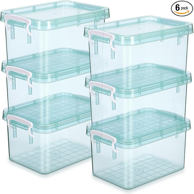 6 Pack Colorful Plastic Storage Bins with Lids 4 Quart Small Storage Latch Box Stackable and Nestable Clear Organizer Bins with Latching Handle and Buckle for Organizing(Cyan)