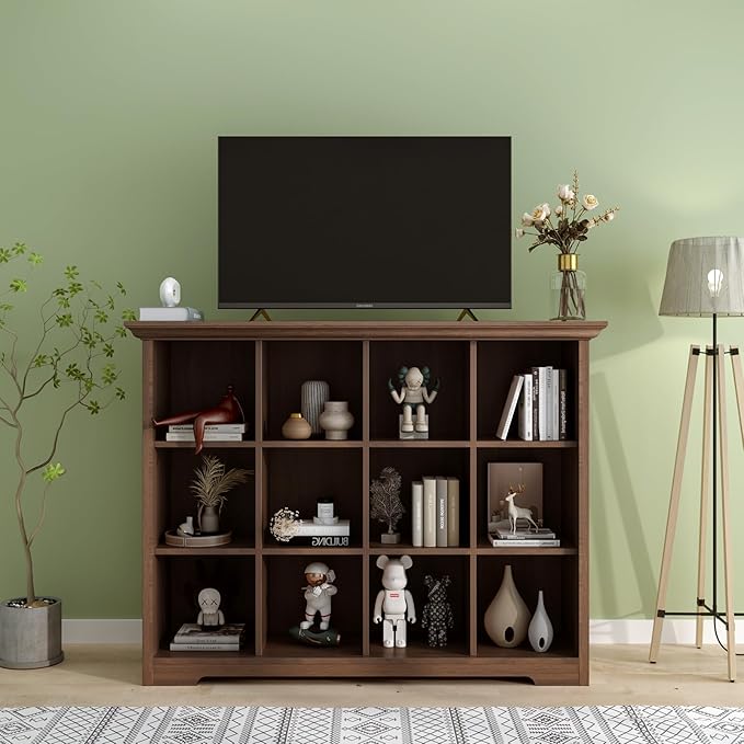 OSCHF 12-Cube Open Bookcase with Base, 3-Tier Wooden Bookshelf, Walnut | Curved Base, Crown Molding, Fits 11×11" Bins, Modern Storage Cabinet for Living Room, Bedroom, Home Office