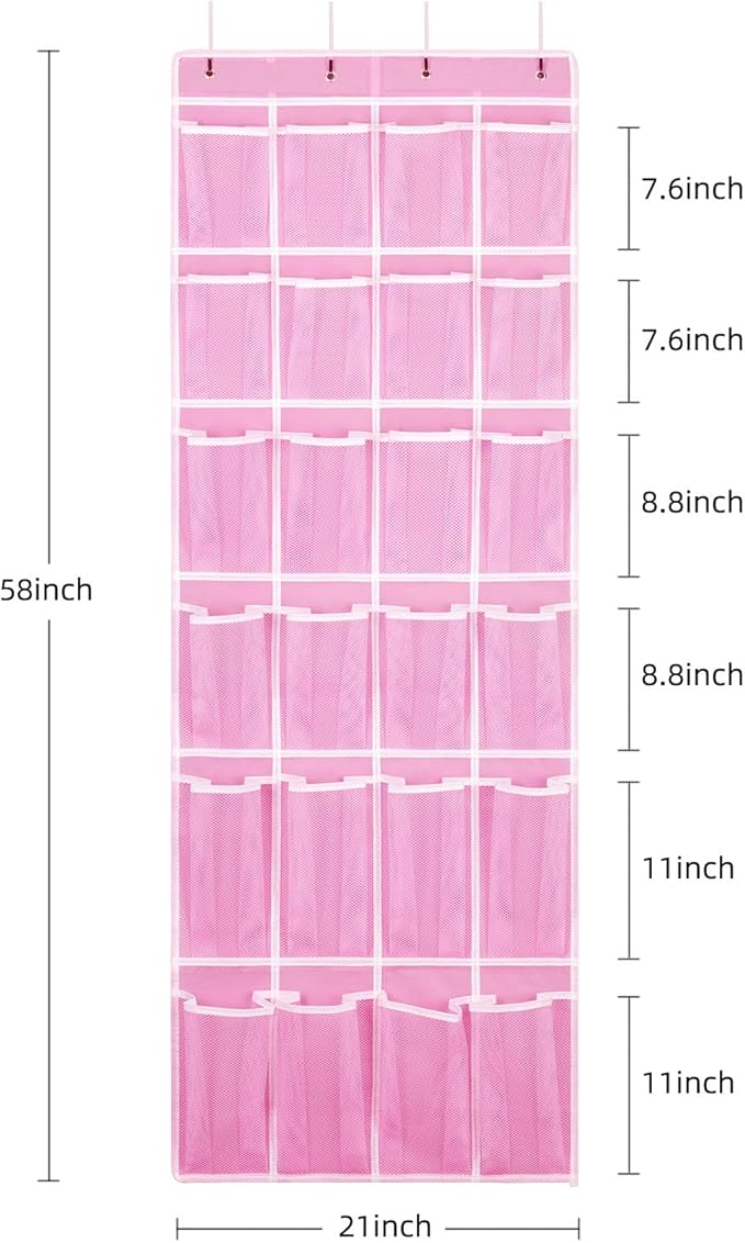 SAVERHO Hanging Shoe Organizer, Over The Door Shoe Organizer with 24 Breathable Mesh Pockets for Men Women Kids Hanging Shoe Storage Rack Organizer Size:58x21 Inch（Pink）