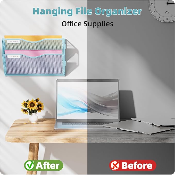 Marbrasse Wall File Holder 2-Tier Hanging Wall File Organizer, Mesh Mail Holder for Papers, Wall Mount File Clipboard & Magazine Organizer Great for Office Home - 2P(Blue)