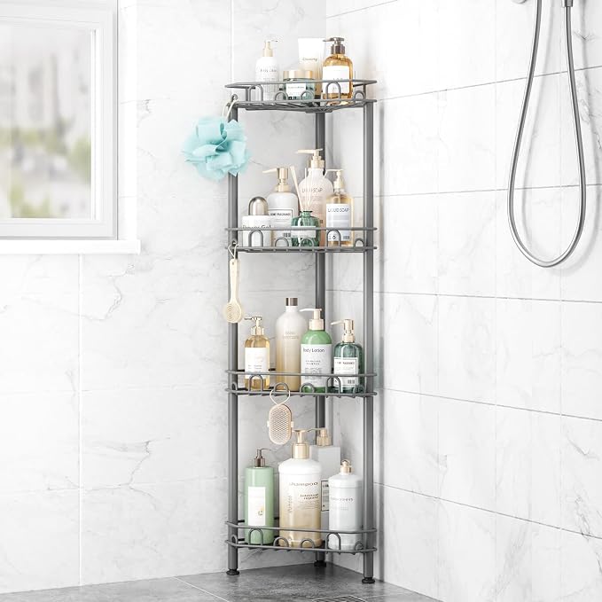 SWTYMIKI Standing Shower Caddy Corner - 4‑Tier Stainless Steel Shower Organizer Shelf with 12 Hooks and Adhesive Pads, Rustproof Corner Shelves Stand Rack for Bathroom Shower Room, Gray