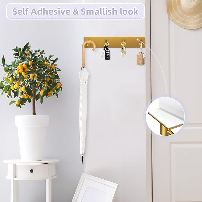 VIS'V Key Holder Wall Mount, Large Adhesive Key Hanger with 4 Hooks, Gold | Metal Material, No Drilling, Extra Adhesive Strip, Suitable for Entryway, Hallway, Doorway, Kitchen, Garage, Camper