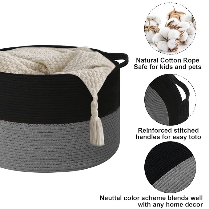 65L Large Blanket Basket,Woven Rope Laundry Basket-Black&Dark Grey | Collapsible, reinforced handles, nursery storage bin organizes clothes, toys and pillows for living room, bedroom bathroom
