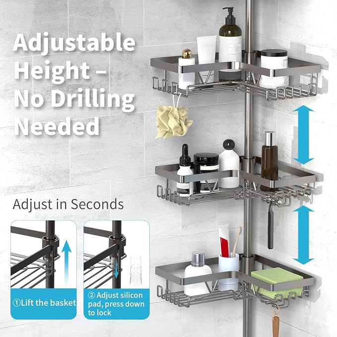 KEGII Corner Shower Caddy Tension Pole, Bathroom Organizer, Gunmetal Gray | 4-Tier Rustproof Storage with Soap Dish, Razor Holder and Hooks, Space-Saving Bathtub Shelf for Apartments and Families
