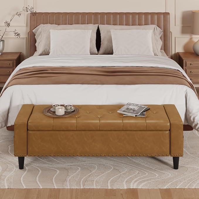 60" Storage Ottoman Bench, Faux Leather Upholstered Bed Bench with Tufted Buttons and Nailhead Trim, Large Ottoman with Storage for King Size End of Bed, Bedroom, Entryway, Hallway (Camel)