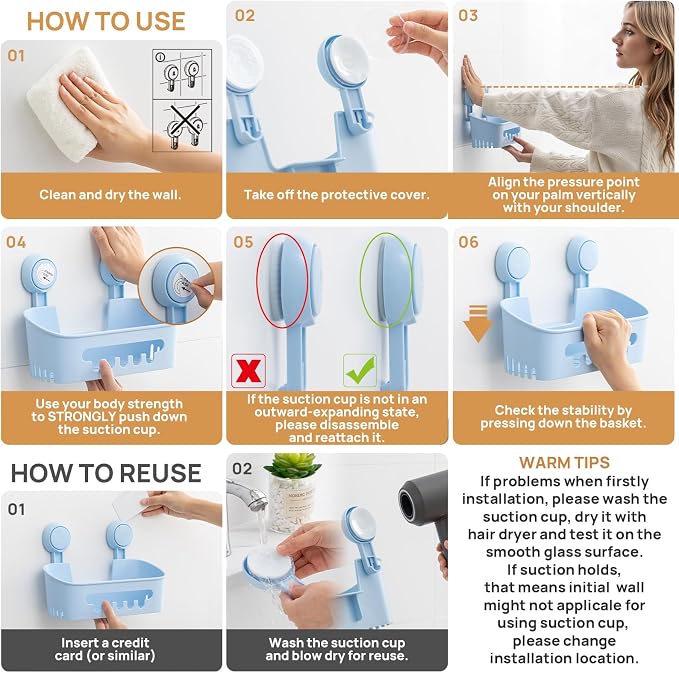 LEVERLOC Shower Caddy Suction Cup Set Shower Organizer & Soap Holder, Blue | Toothbrush Holder, Bathroom Shelf Basket NO-Drilling, Removable Shower Storage, Waterproof Bathroom Holder