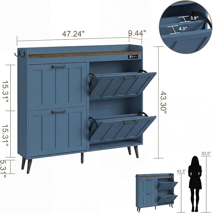ChooChoo Shoe Storage Cabinet with 4 Flip Drawers and Deodorizer | Shoe Organizer Storage for Entryway, Freestanding Hidden Slim Narrow Shoe Rack Cabinet, Blue