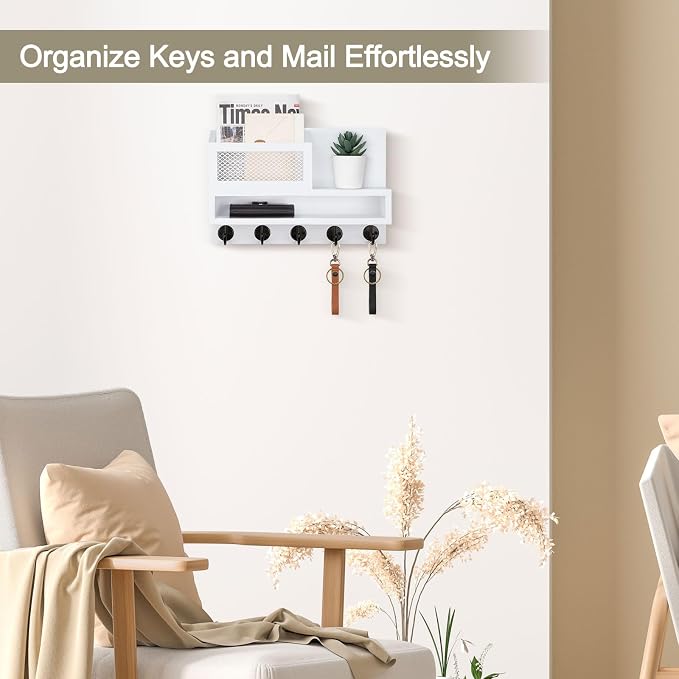 Key Holder for Wall, Mail Organizer Wall Mount with Storage Compartment and 5 key Hooks for Coat, Dog Leash, Stylish Mesh Mail Holder, Home Decor Entry Way Organizer