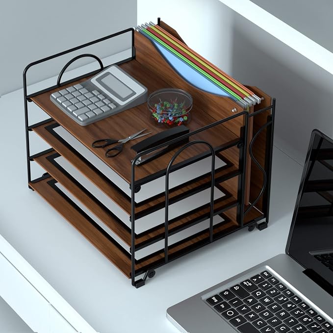 LUCYCAZ File Organizer for Desk,Desktop File Paper Organizer | 4 Tier Wood Desk Organizer for Hanging File Folders Letter Size or A4 Size for Office School and Home, Black