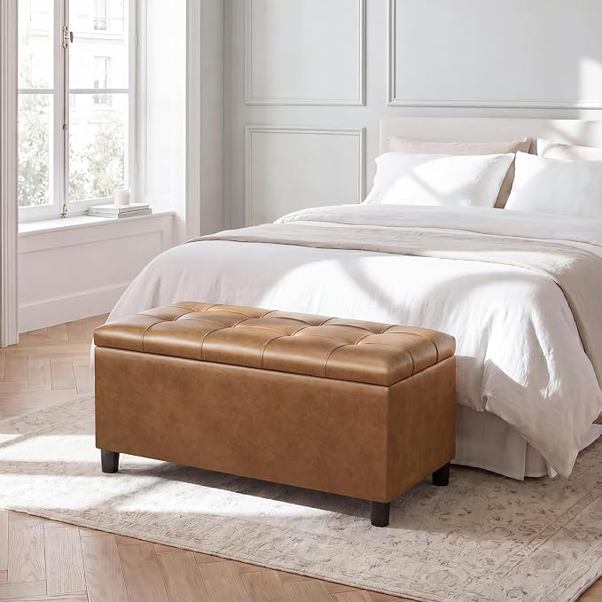 Storage Ottoman Bench,Faux Leather Upholstered Ottoman with Storage,End of Bed Bench with Safety Hinge,for Entryway,Bedroom,Living Room