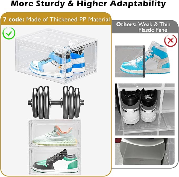 Large Thick Clear Shoe Organizer, Magnetic Door Stackable Shoe Storage Box | Foldable Shoe Storage Boxes for Sneakers & Boots, Space-Saving Closet Shoe Cabinet with Clear Magnetic Door, 9 Pack White
