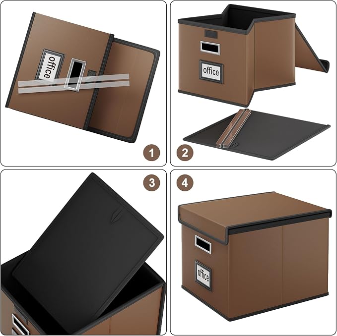 File Organizer Box with Lids, Collapsible File Folder Organizer | File Box with Plastic Slides for Document, Filing Bin for Letter Size Hanging File Folders (2 Pack, Brown, Leather)