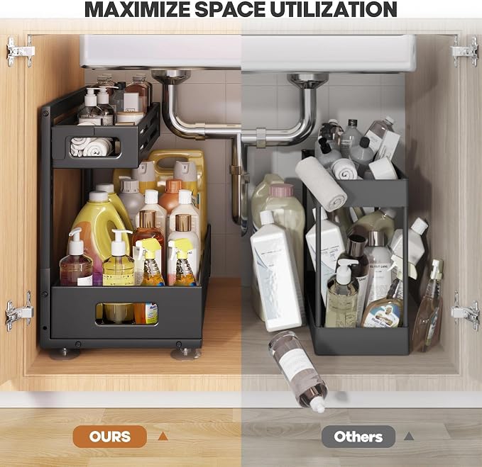 2 Pack 19IN-Depth Under Sink Organizer,Pull Out Cabinet Organizer With Smooth Cylindrical Rail,Metal Slide Out Drawer for Kitchen Bathroom Laundry,8-Level Tool Free Height Adjustable-Black