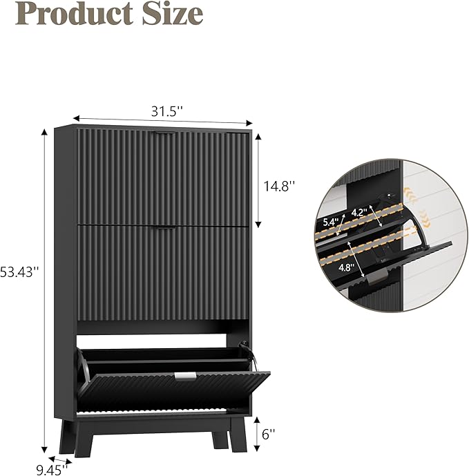 Shoe Cabinet Storage for Entryway with 3 Flip Drawers, Fluted Narrow Shoe Organizer with Wooden Legs, Freestanding Slim Shoe Storage Hidden Shoe Rack Organizer for Front Door Entrance, Hallway, Black
