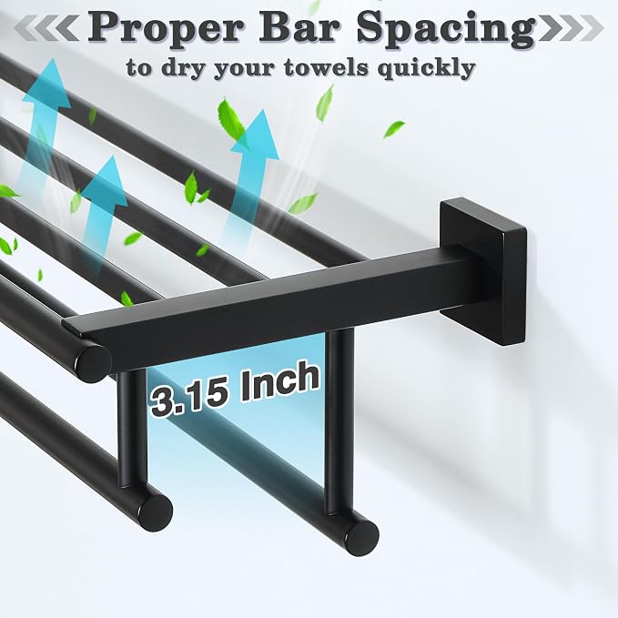 Alise Double Towel Rack for Bathroom Wall Mounted 24 Inch,Matte Black | Bathroom Tower Holder Towel Shelf with Double Towel Bars,SUS304 Stainless Steel Towel Rack with Shelf for Lavatory Kitchen