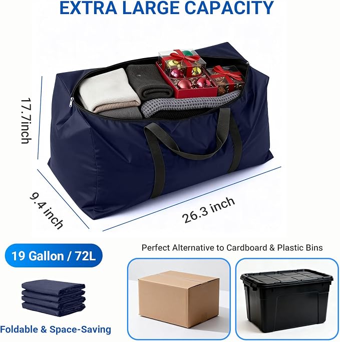 Extra Large Moving Bags, 4 Pack Blue Oversized Storage Totes with Strong Zipper & Reinforced Full Loop Handles, Collapsible Storage Bags for Space Saving, for King/Queen Comforter, Blankets & Clothes
