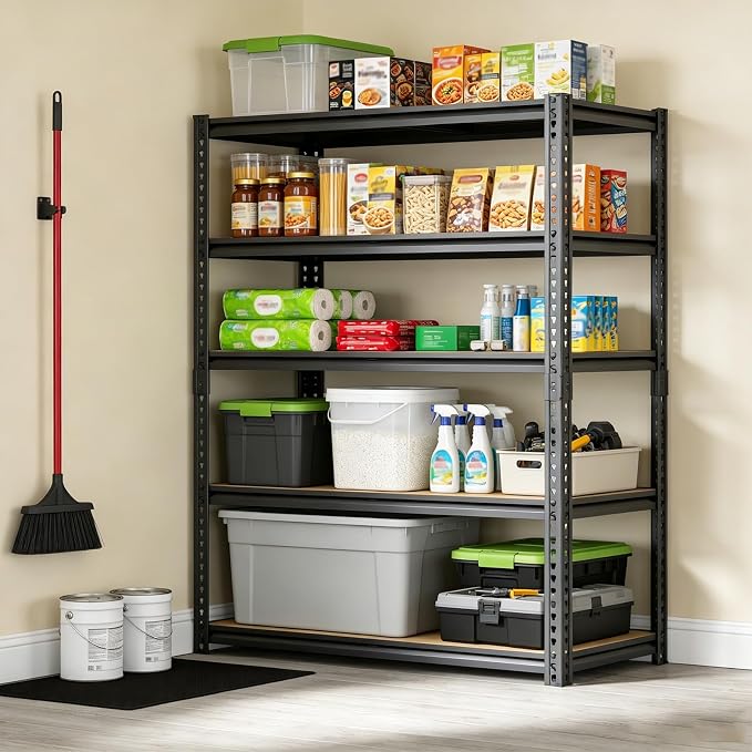 Storage Shelves Unit,40" W 5-Tier Garage Shelving Heavy Duty Metal Adjustable Garage Shelves,Stable Shelves Organizer for Pantry, Kitchen and Basement,40" W x 20" D x 72" H,Black