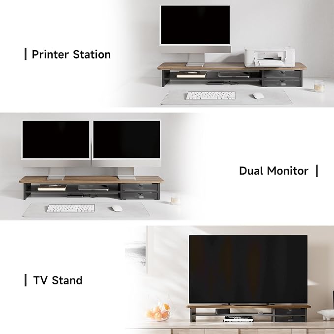 Fenge Monitor Stand, Desk Computer Riser with Frosted Storage Drawer, Brown | 42.5 Inch Dual Monitor Riser, 2 Tiers, Cable Management, Desk Shelf for 2 Monitors, Ultrawide Screen, Laptop, TV, Home Office