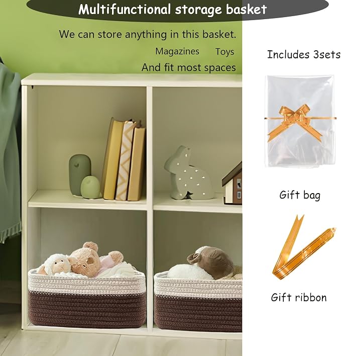 COMFY HOMI 11.5"x7.5"x4.7" Storage Baskets for Organizing | Cotton Rope Woven Basket | Toy Storage Bin Box | Basket for Shelves, Closet Organizer Bin, Decorative Closet Shelf, 3 Pack,