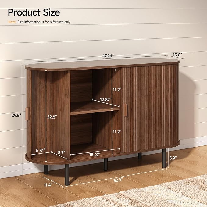 48" Sideboard Buffet Cabinet with Storage, Storage Cabinet with Sliding Door & Adjustable Shelf, Modern Accent Coffee Bar Console Table for Kitchen, Entryway, Walnut