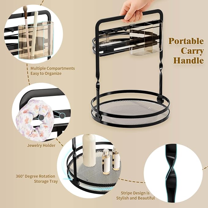 360 Rotating Makeup Vanity Organizer,Black 2-Tier Perfume Organizer | Bathroom Countertop Organizer, Lazy Susan Vanity Tray Spinning Skincare Storage with Jewelry Hooks & Makeup Brush Holder