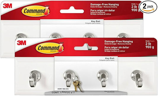 Command Key Rails, Total 2 Key Racks with 12 Command Strips, 2 Pack of 1 Rail, 4 Key Hooks on One Rail, Organize Damage-Free