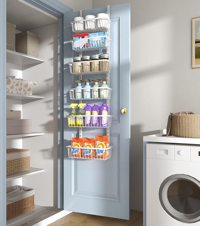 Mefirt 12 Inch Wide Narrow Over The Door Pantry Organizer 6-Tier White | Pantry Hanging Organizers and Storage, Adjustable Heavy-Duty Metal for Home & Kitchen, Back of Door Seasoning Rack