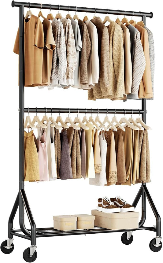 HYSEYY Heavy Duty Clothes Rack, Double Rod Clothing Rack for Hanging Clothes, Rolling Garment Rack, Adjustable Freestanding Wardrobe Closet Coat Rack for Bedroom Laundry Living Room, Black